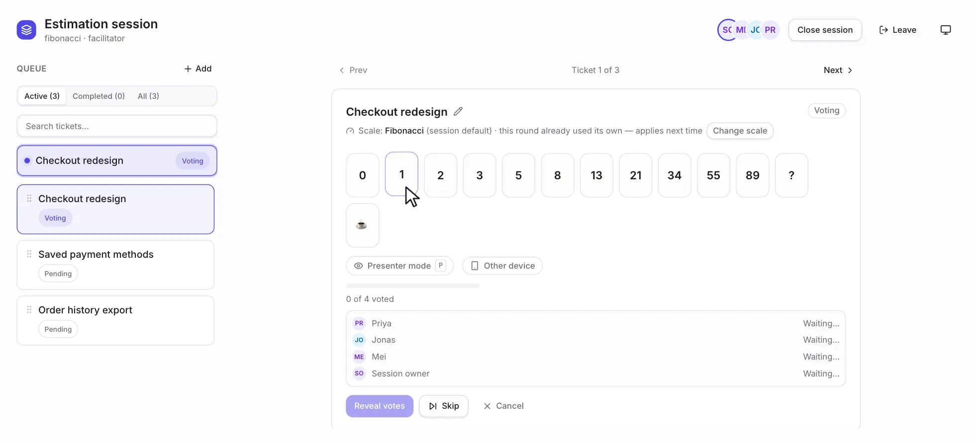 A planning poker session: three teammates vote privately on the ticket Checkout redesign, then the facilitator reveals. The votes show as 5, 8 and 5, with the average and a chart of the spread.