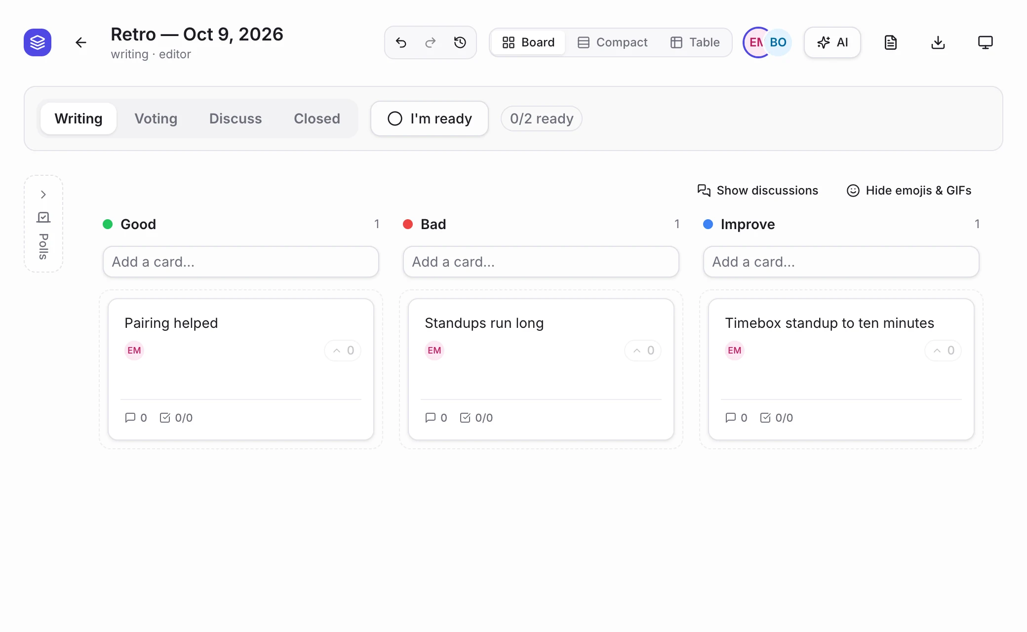 A quick tour of the app: a retro board filling up with cards, an estimation round being revealed, a poll getting a vote, and a whiteboard with sticky notes.